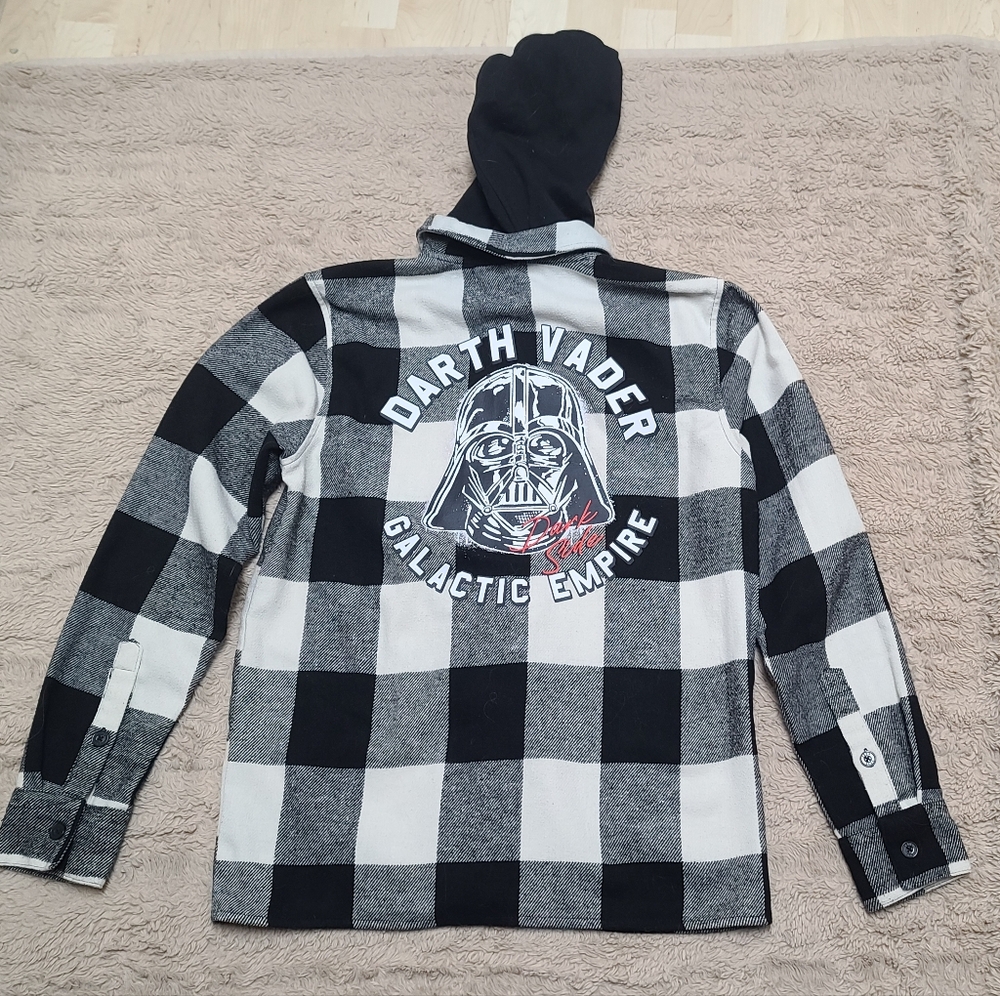 Star Wars Darth Vader Galactic Empire Black & White Plaid Hooded Flannel M